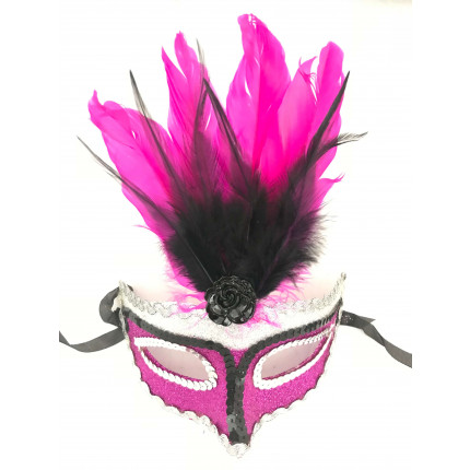 Máscara Veneziana Decorada com Glitter e Penas - Rosa Pink