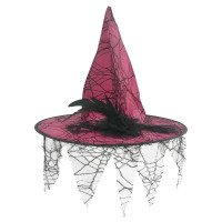 Chapéu de Bruxa Rendado com Pena - Rosa Escuro