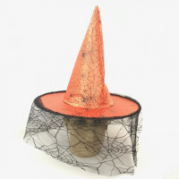 Chapéu de Bruxa com Renda Teia de Aranha - Laranja Fluorescente