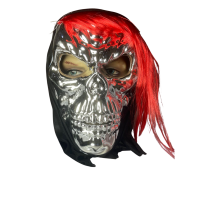 Máscara Caveira Metalizada Halloween com Cabelo - Vermelho