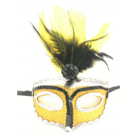 Máscara Veneziana Decorada com Glitter e Penas - Amarelo Canário