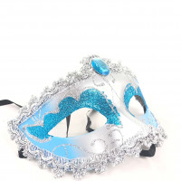 Máscara Veneziana Fosca Decorada com Glitter e Pedra - Prata e Azul