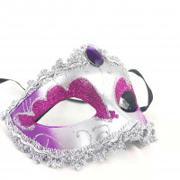 Máscara Veneziana Fosca Decorada com Glitter e Pedra - Prata e Roxo
