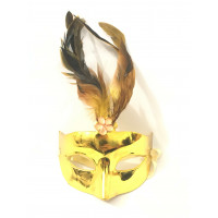 Máscara Veneziana Metalizada com Pena - Dourado