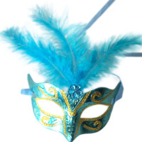 Máscara Veneziana Decorada com Pedra e Pena - Azul Turquesa