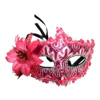 Máscara Veneziana Decorada com Flor - Rosa Pink