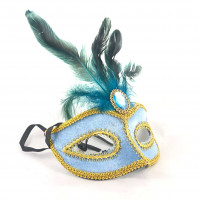 Máscara Veneziana Veludo com Pedra e Penas - Azul Bebê 