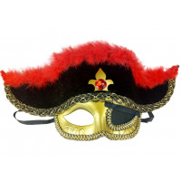 Máscara Veneziana Pirata Luxo - Penas Vermelhas